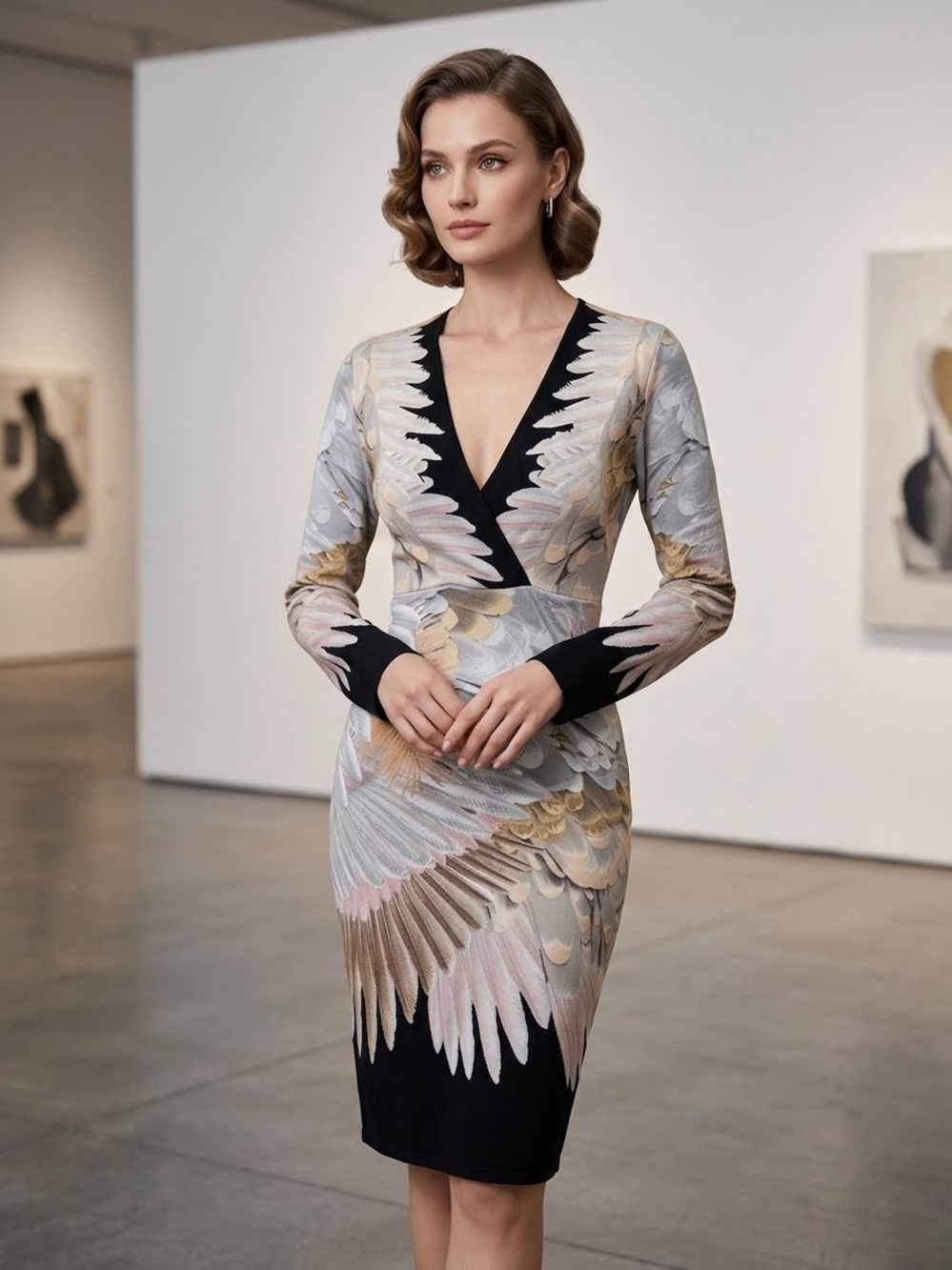 Hale Bob Feather-Print V-Neck Long Sleeve Dress in Black, Cream & Gold